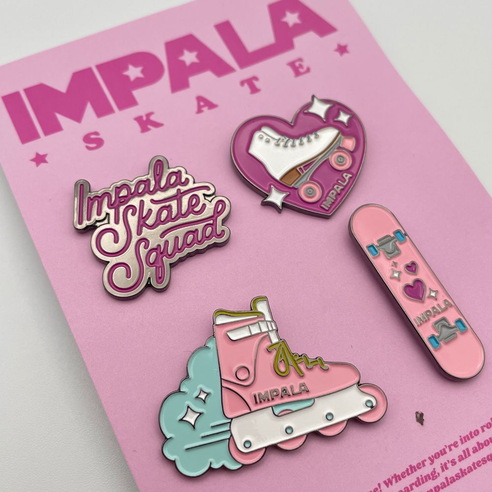 NWT Impala Skate Enamel Pin Pack Assorted Roller Skating Skateboarding Pins Pink